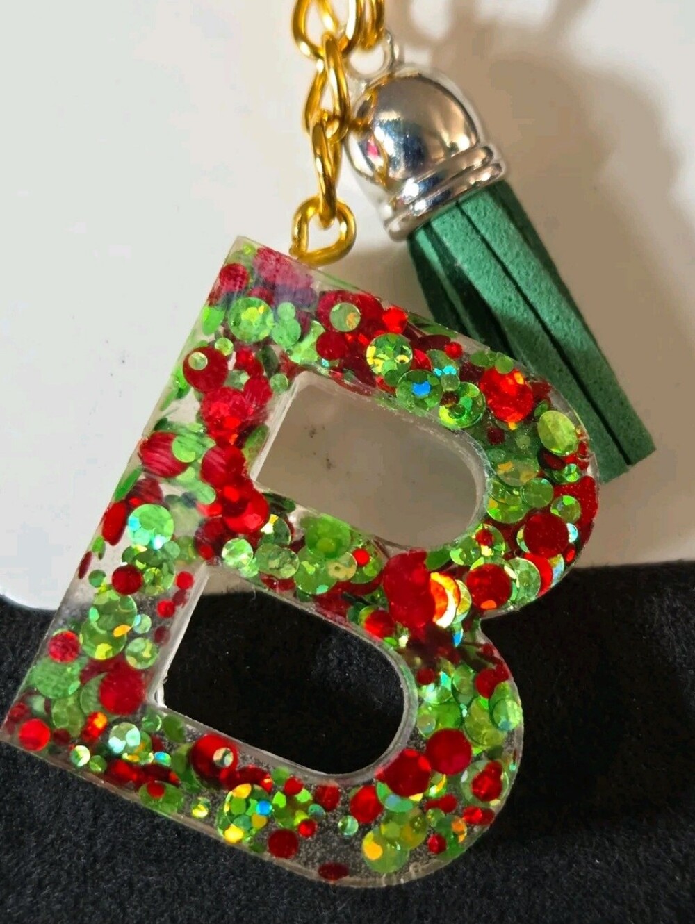 Personalized Letter 'B' Resin Keychain with Red & Green Glitter